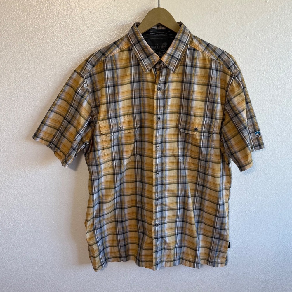 KUHL Men's XL Eluxur Yellow Gray Plaid Short Sleeve Button Up Shirt Western